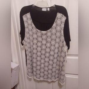 KIM ROGERS CURVY 1X BLACK W/ WHITE LACE TOP BLOUSE TUNIC SHIRT